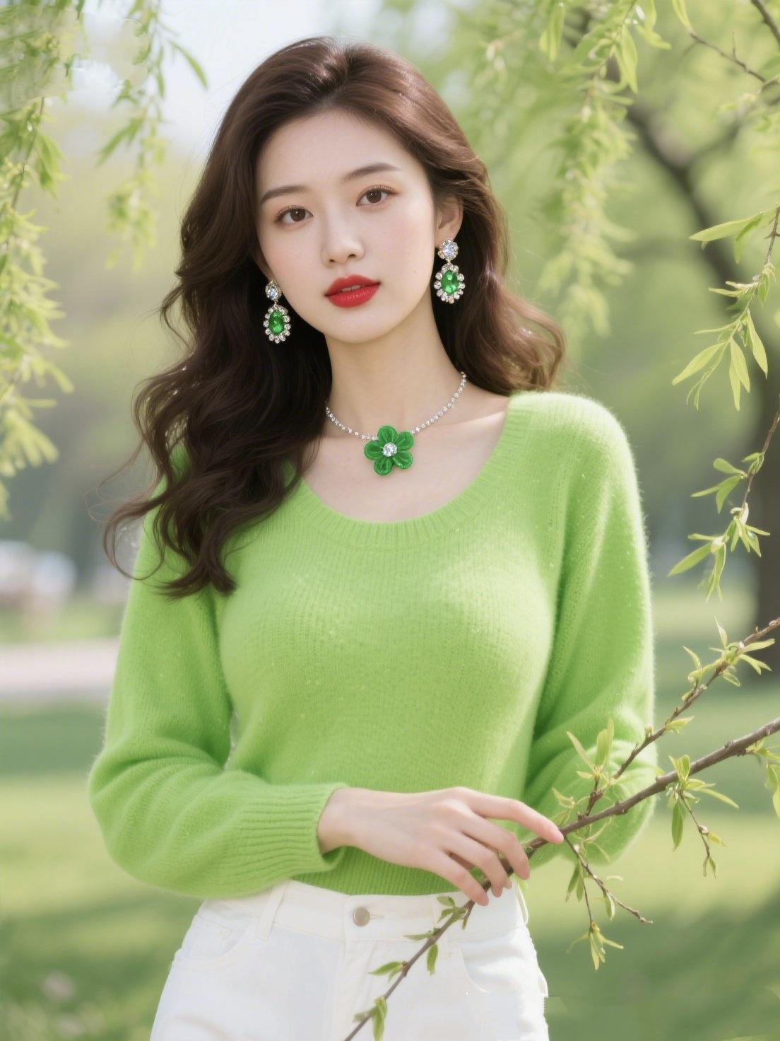 《春枝翠影》
 
柳丝垂绿染晴光，翠色盈衫映晓芳。
花饰凝春添雅韵，风牵柔蔓送清