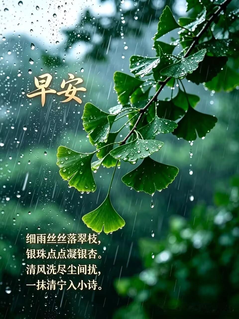 清晨一场细雨，轻轻覆在银杏枝叶上，水珠悬在扇叶边缘，摇摇欲坠，洗尽一夜尘嚣。
我