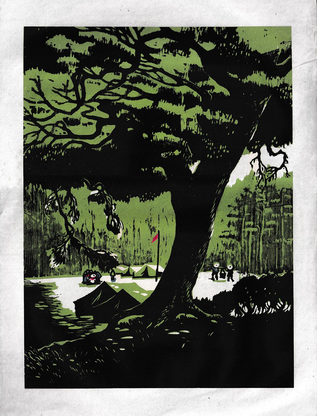 🌳 60年代版画夏令营，比现在露营更治愈

这幅程亚君的套色木刻《夏令营》，每