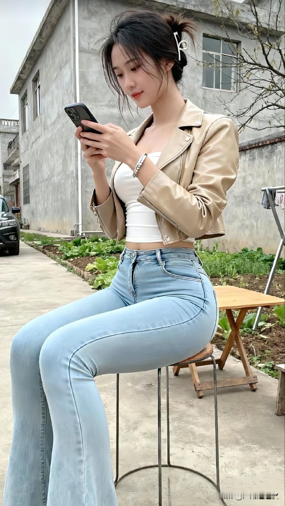 我老家的邻居小姐姐回来了，该说不说，越来越会穿搭 了，这款迷你夹克配浅蓝牛仔裤，