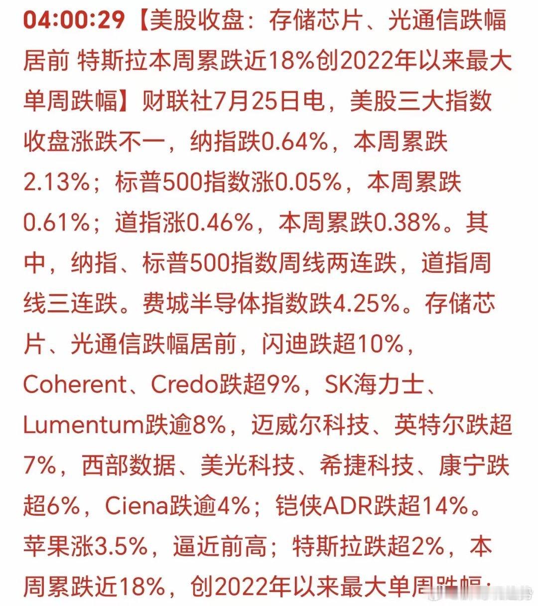 美国三大股指涨跌不一！光通信和存储芯片持续下跌，谨慎些。周一长鑫上市，市场已经准