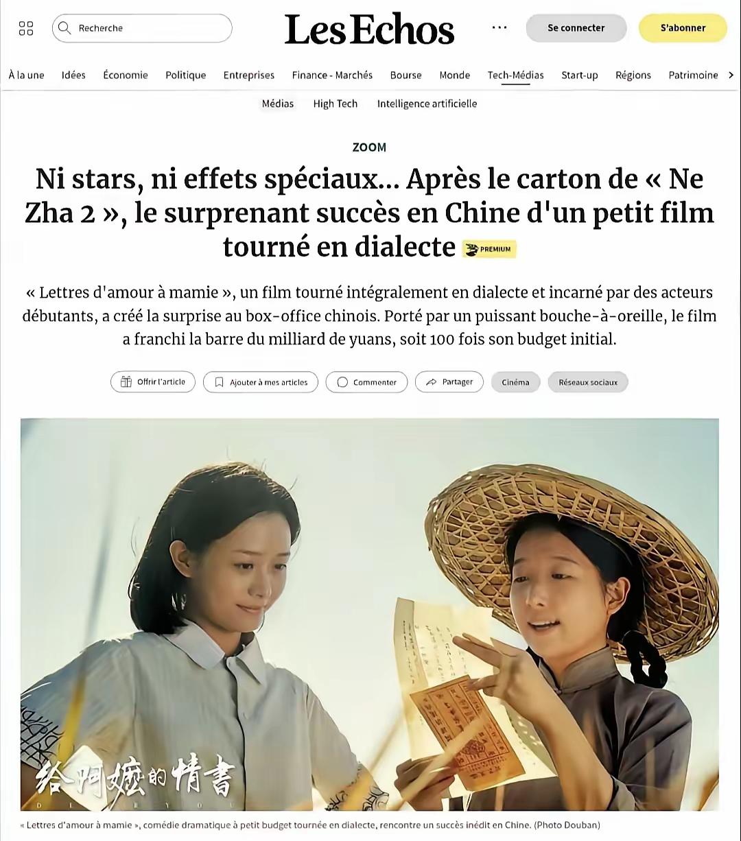 法国《回声报》报道《给阿嬷的情书》：

这部电影一没有明星二没有特效，却在中国成