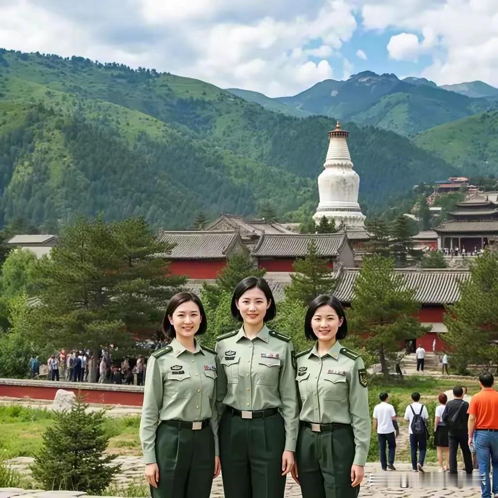 五台山上的女军人英姿
三位女军人英姿飒爽的身影映入眼帘。她们站得笔挺，眼神中透着