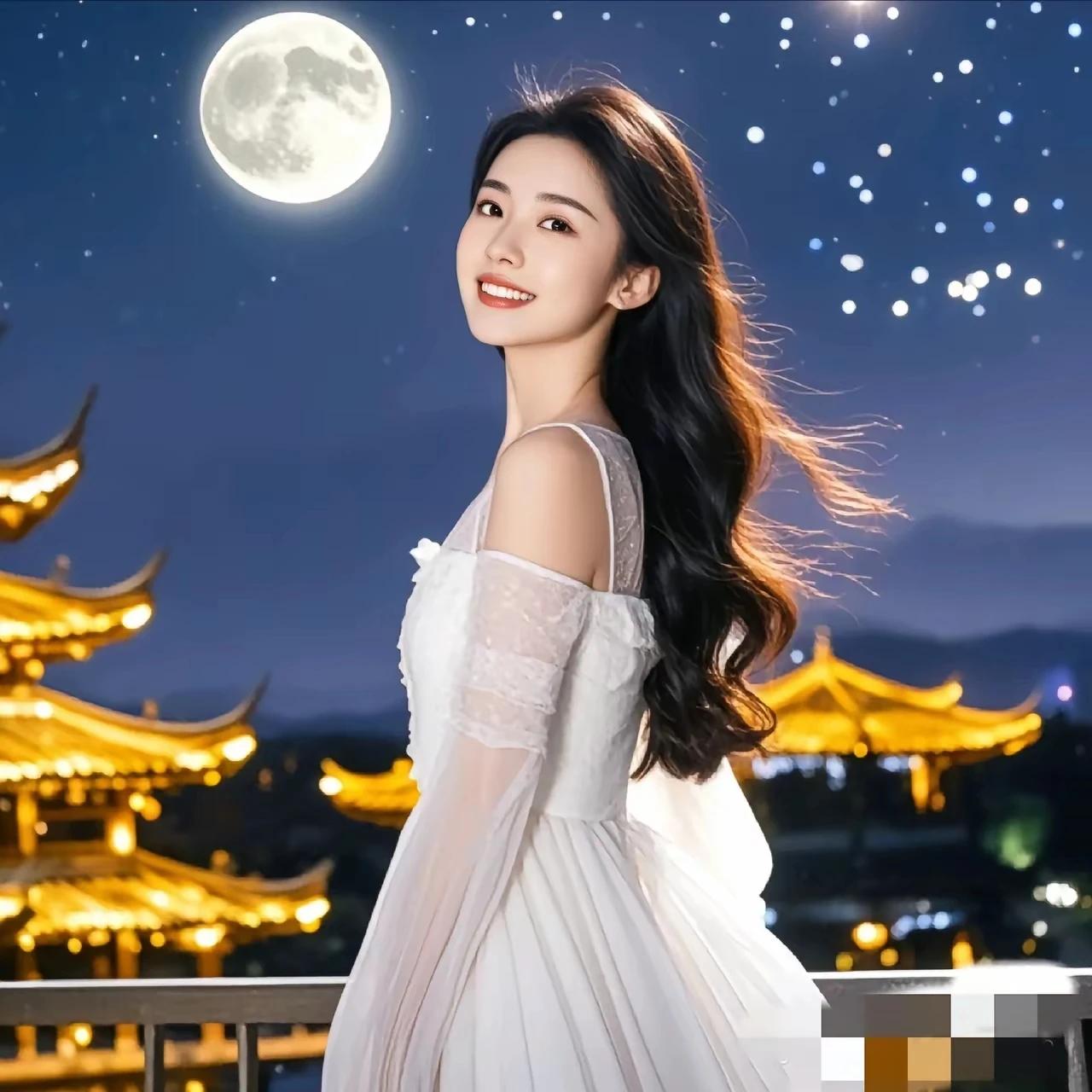 浅笑嫣然百媚生，
青丝如瀑韵味浓。