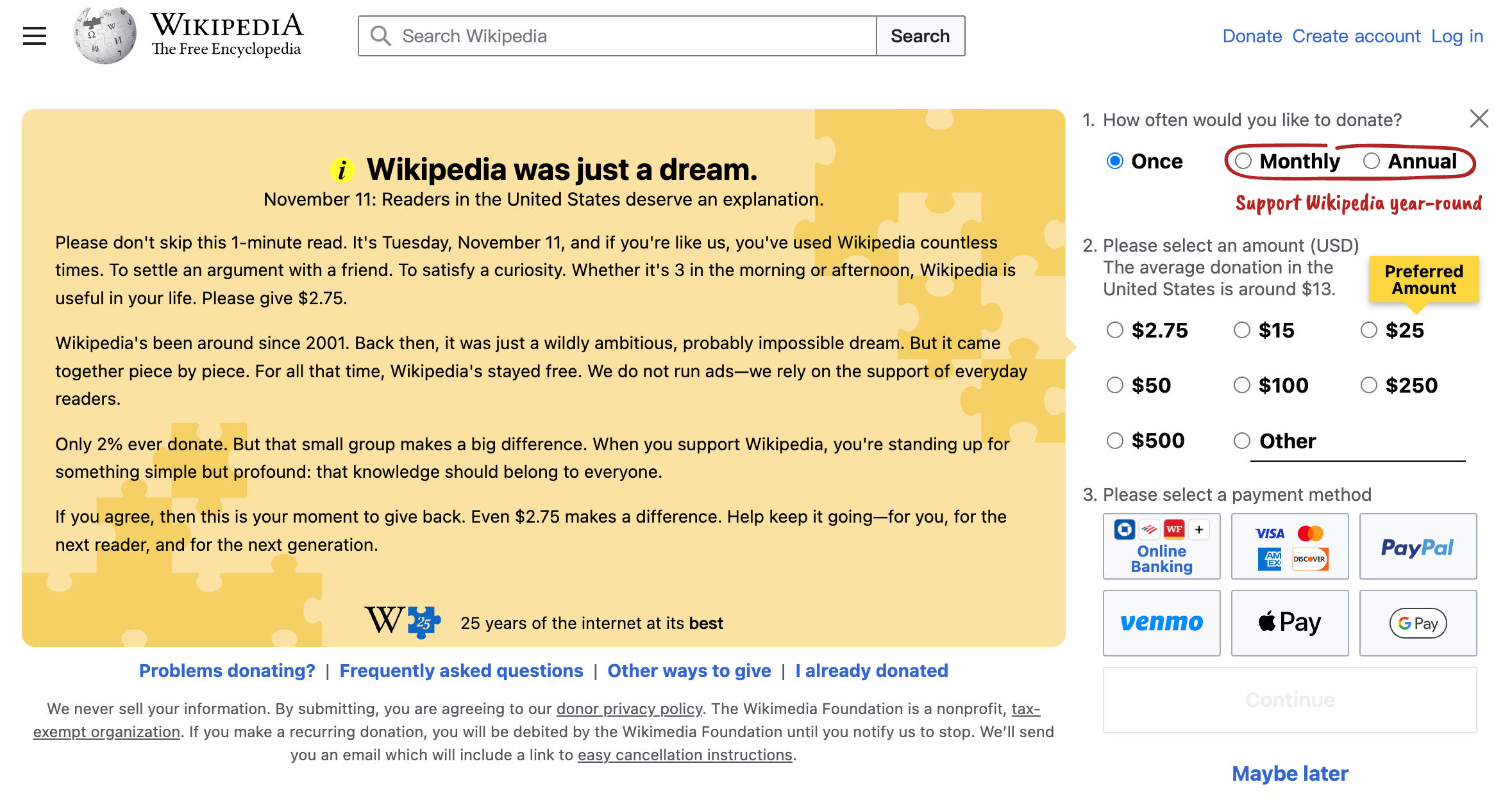 打开维基页面，直接弹出捐款页面，我还以为进钓鱼网站了。“请别跳过这一分钟的阅读。