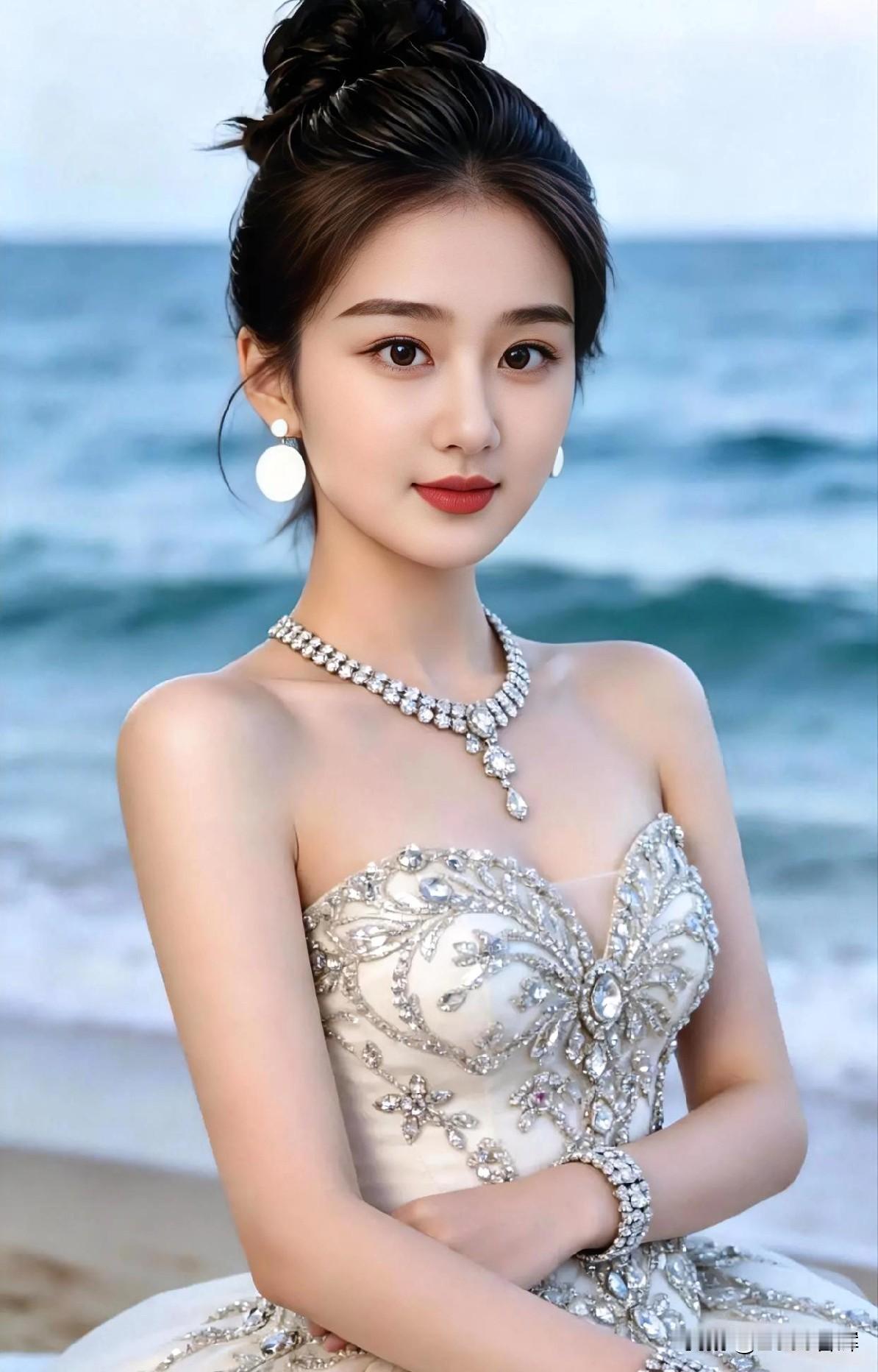 海浪为幕，白裙缀满星芒；

珍珠垂落，吻过肩颈的柔光。

发髻高挽，盛着暮色的静