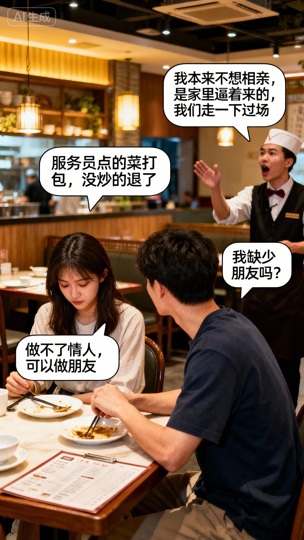 今天在饭店吃饭，旁边一桌坐着一对青年男女，听到女的对男的说：我本来不想相亲，是家