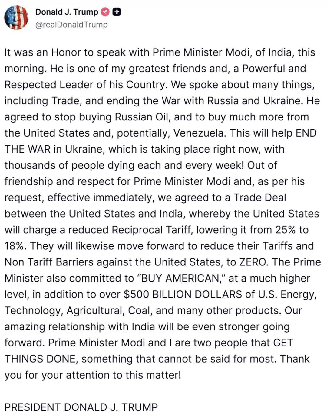 特朗普宣布，他周一上午与莫迪通话时，敲定了一项美印贸易协议。特朗普表示，根据协议