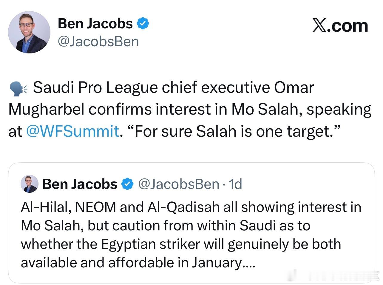 沙超首席执行官Omar Mugharbel确认他们对萨拉赫感兴趣，“肯定的，萨拉