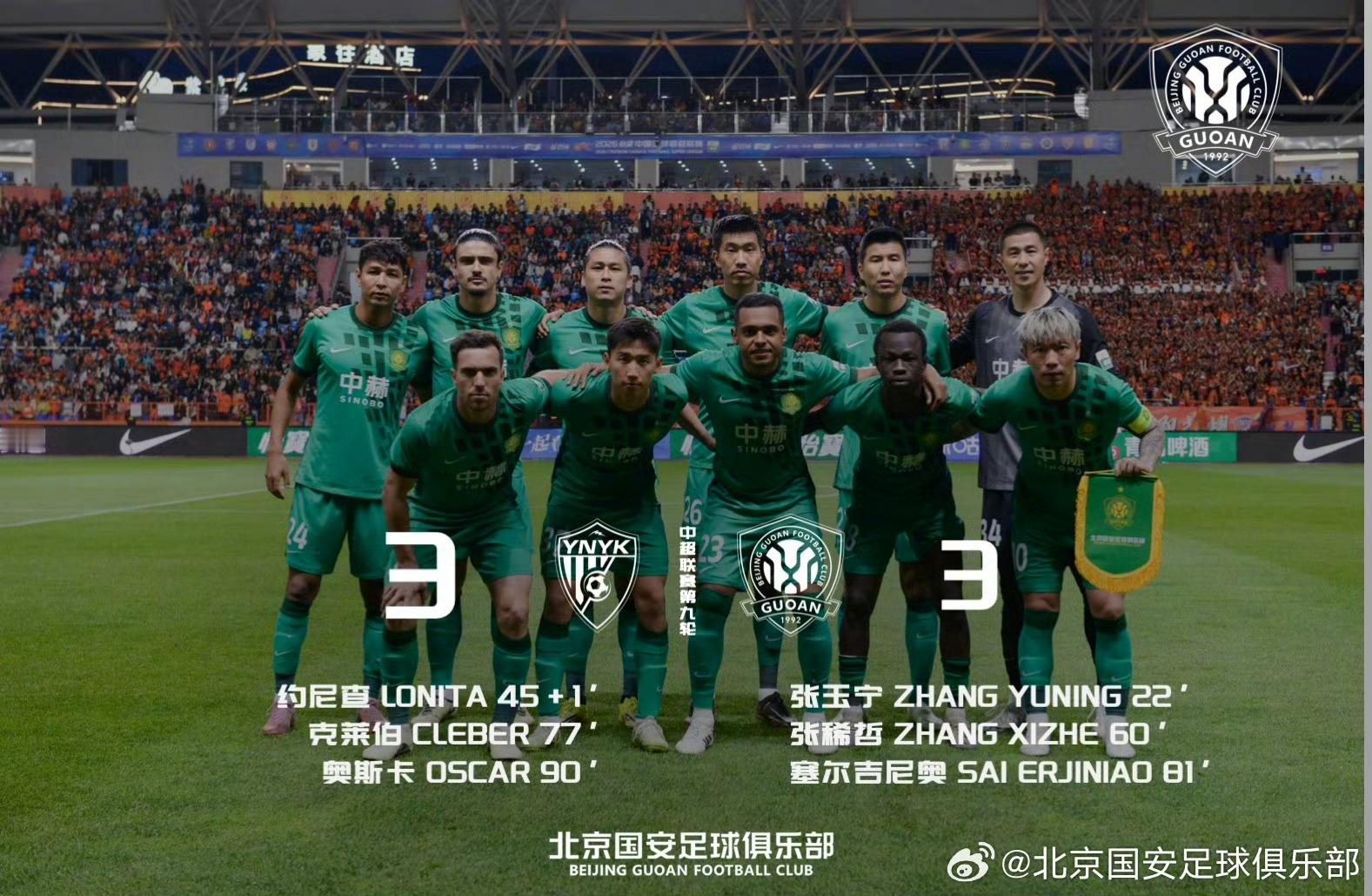 5月2日，2026怡宝中超联赛第9轮进行，北京国安客场3-3战平云南玉昆。北京国
