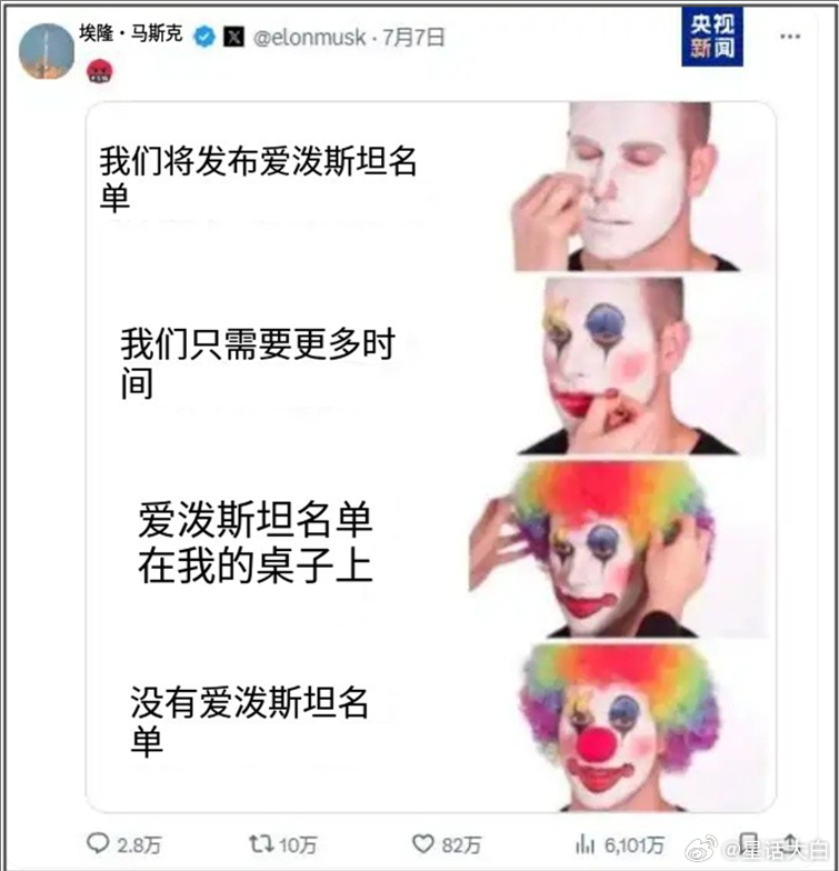 7月7日，在美国司法部长宣布不存在爱泼斯坦案名单后，马斯克很快就发了个帖子。内容