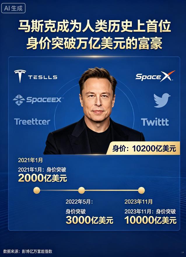 马斯克成为人类历史上首位身价突破万亿美元的富豪 根本花不完花不完 