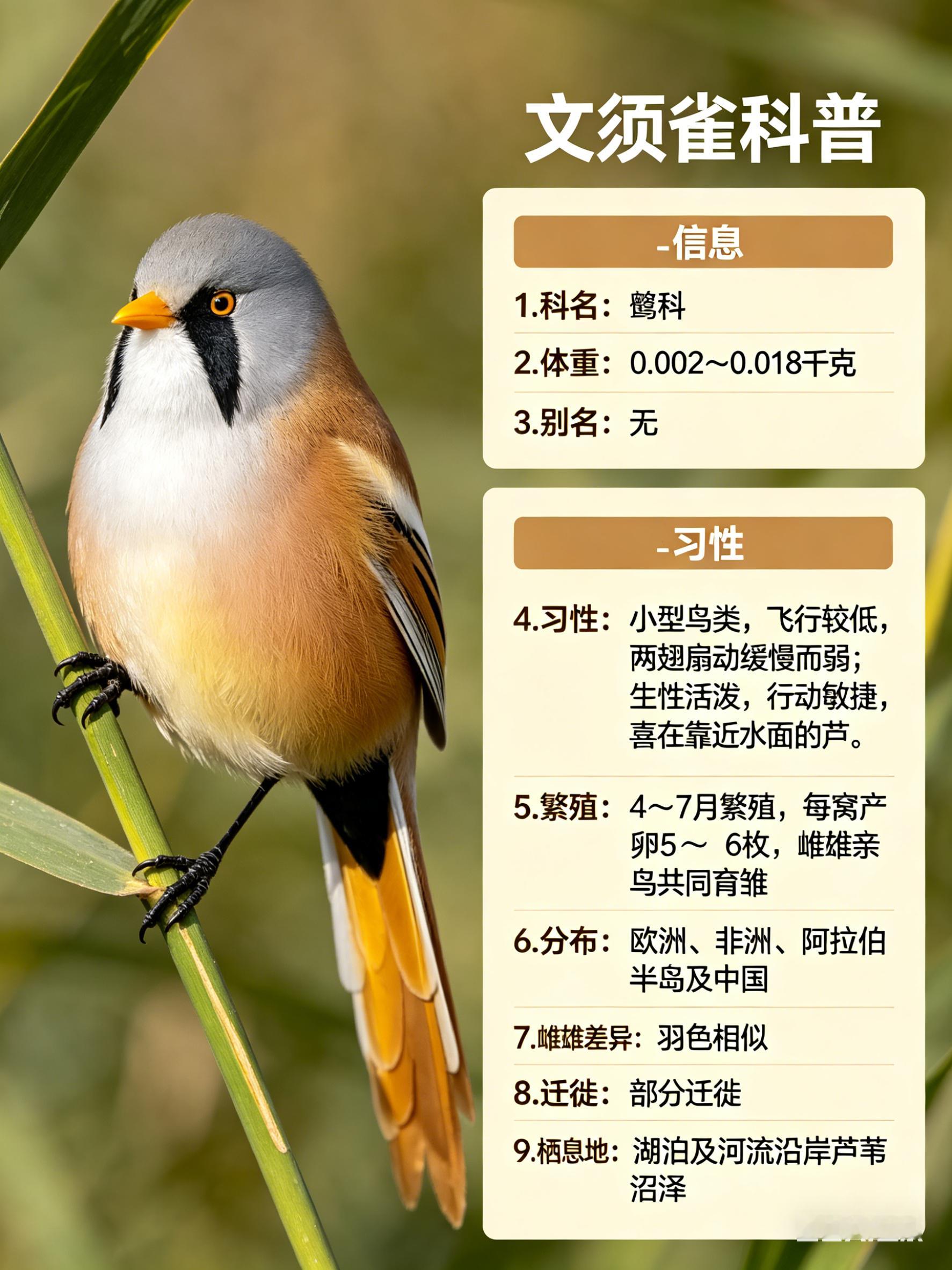 鸟类朋友图鉴 文须雀科名：鹟科体重：0.002～0.018千克别名：无文须雀属于