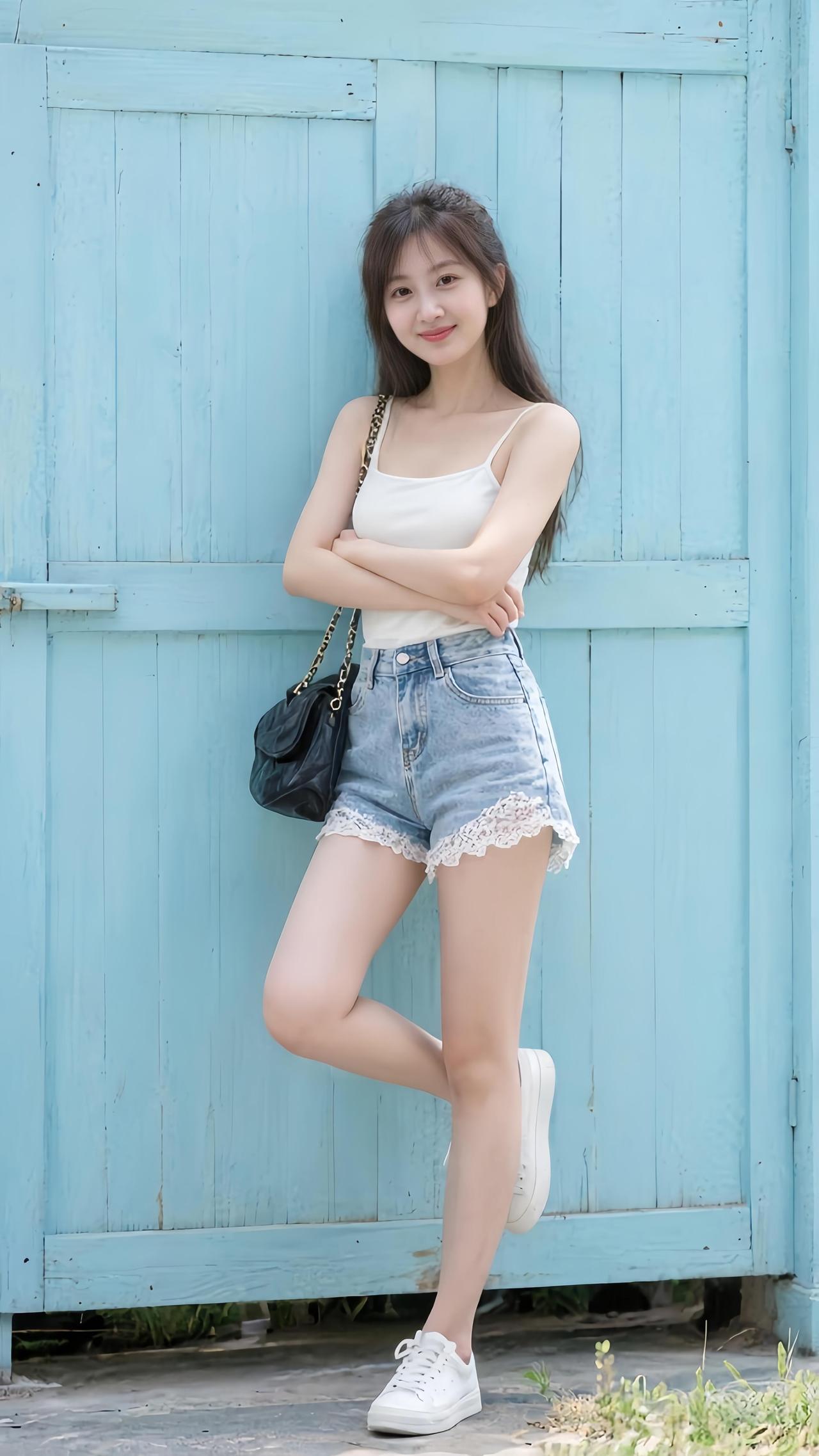 这个美女整体搭配清爽又有细节感:简约的白色细肩带吊带背心，修身短款的设计能露出腰