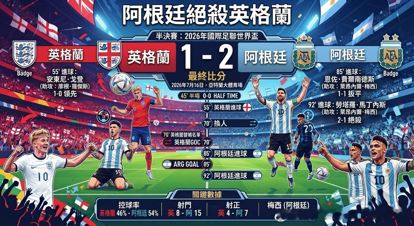 阿根廷绝杀英格兰 大V观赛团 在美加墨世界杯的第二场半决赛中，阿根廷队以2:1惊
