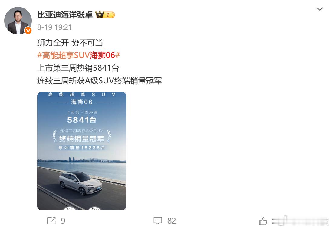 等着卓总发战报，海狮06首月交付应该轻松破2万台了。海狮06可没玩什么智驾高低配
