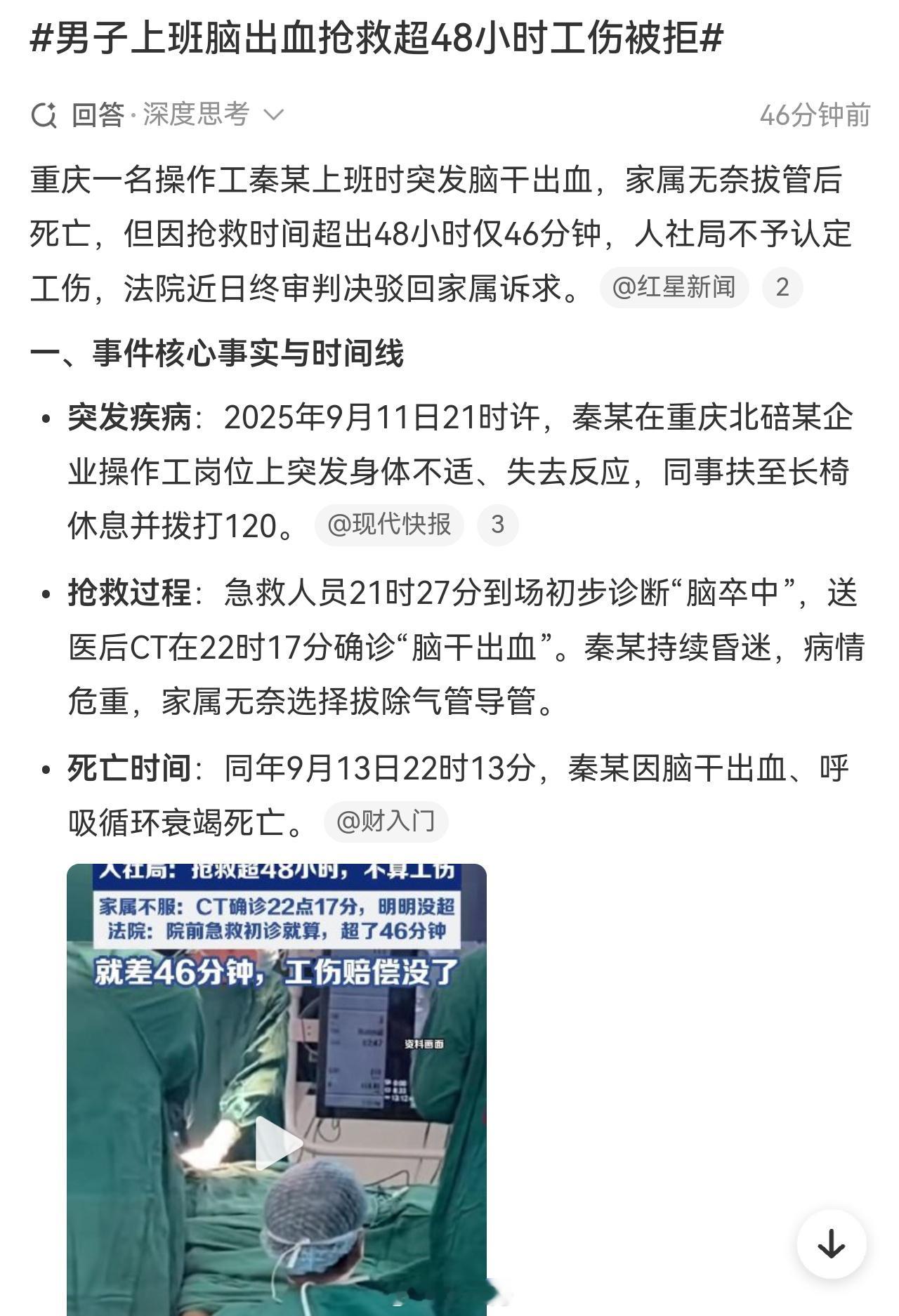 男子上班脑出血抢救超48小时工伤被拒 重庆人社局和法院就有些说不过去了，仅仅因为