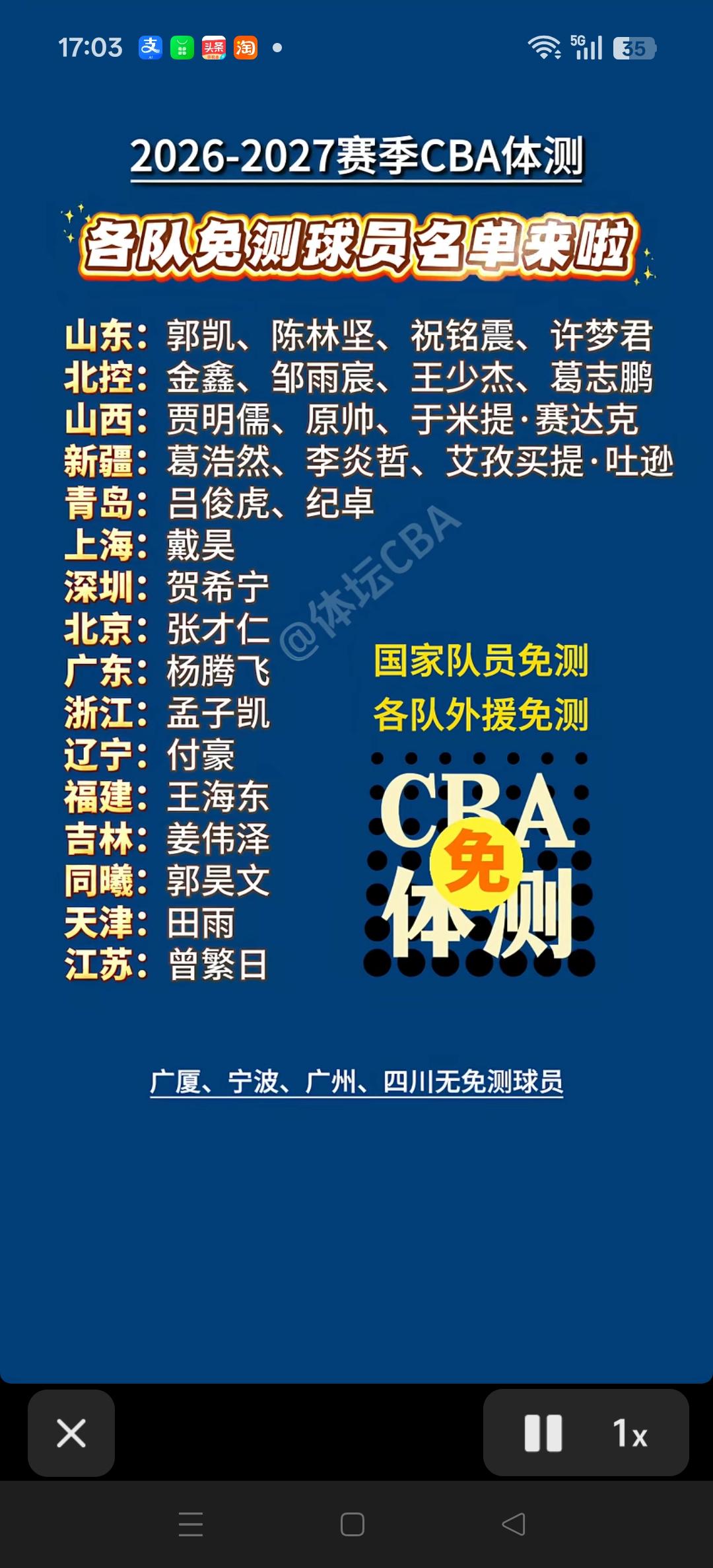 新赛季体测马上就要开始了。
各队免测球员名单出来了！
