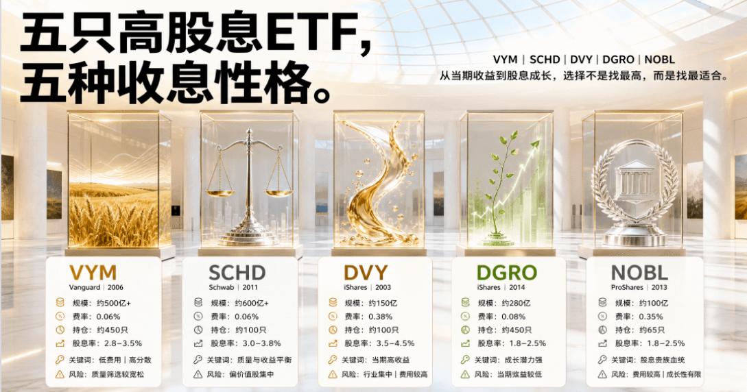从这张对比表里，你可以清晰地看到美股的五只ETF在各个维度上的差异。没有哪一只在