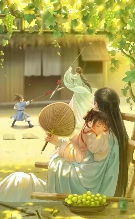 这画面太美好了，王爷带娃练了一会枪，神君带娃在葡萄架下又睡了一觉。好幸福的婚后生