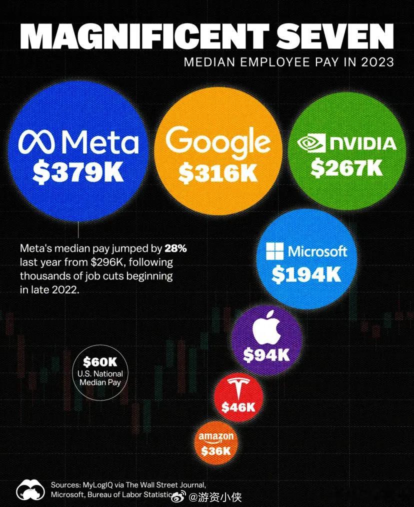 2023年美股“七巨头”员工薪酬中位数从高到低分别为：Meta(37.9万美元)