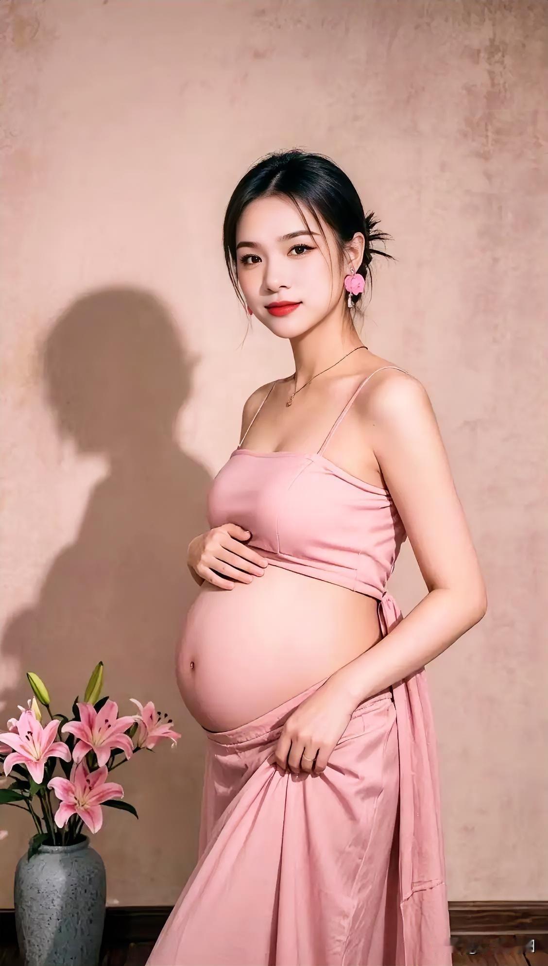 温柔孕味写真，身着粉色连衣裙，手捧花束，幸福满溢。
温柔孕味写真 浅裙孕照 鲜花
