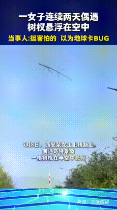 看完西安女子偶遇悬空树杈的视频，又新奇又多了份警醒。女子下班途中发现一截树杈凭空