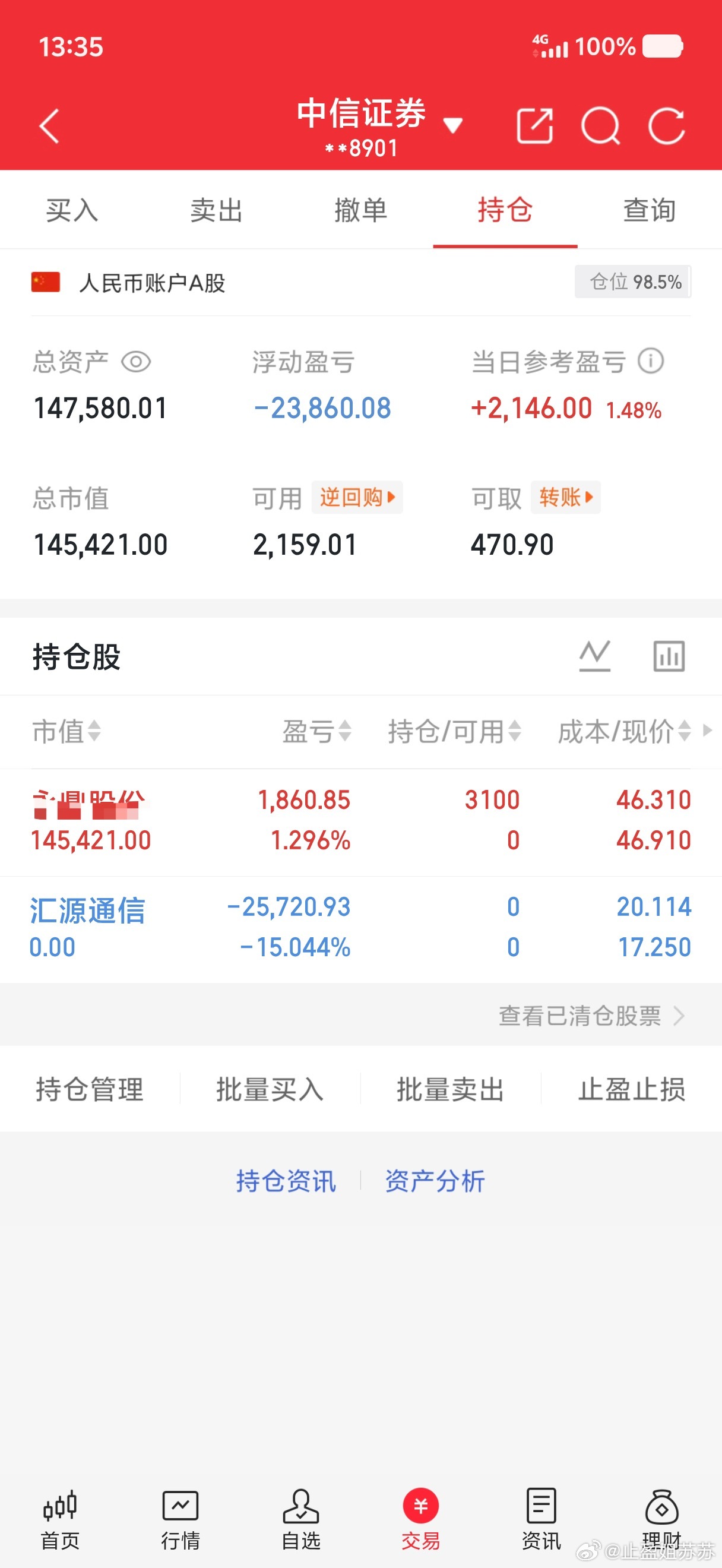 10w本金记录到100w（第46天)今日卖出：000586 汇源通信今日买入：今
