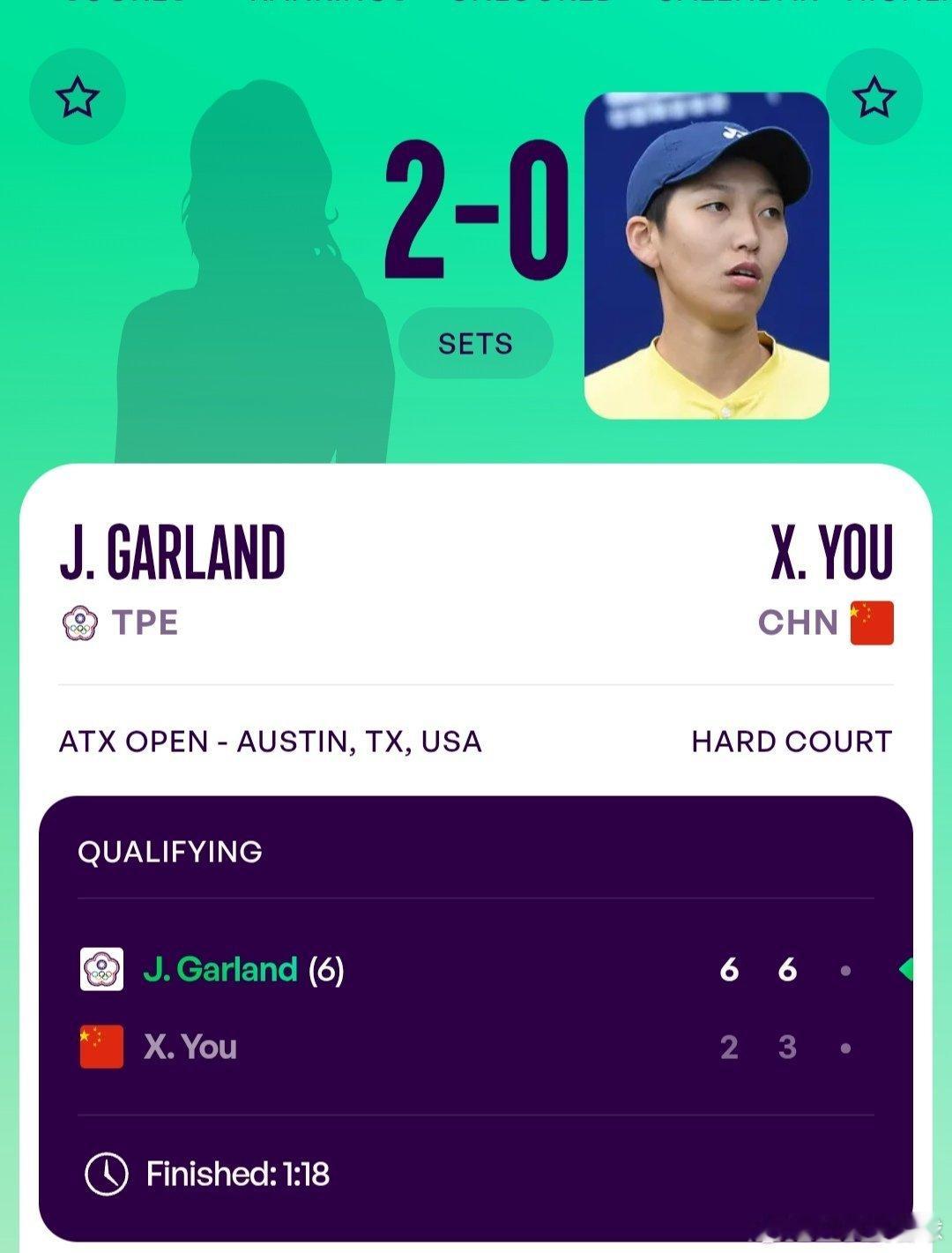 WTA250奥斯汀站🇺🇸资格赛第一轮尤晓迪🇨🇳2-6/3-6不敌中国台北