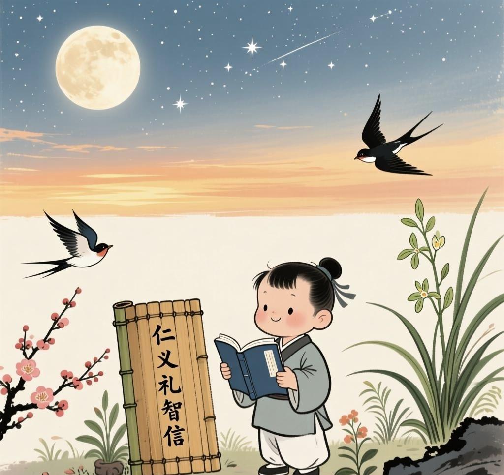 下联为“人怀仁义礼智”
《天与人的对话》
抬头望天，太阳暖融融，月亮亮晃晃，星星