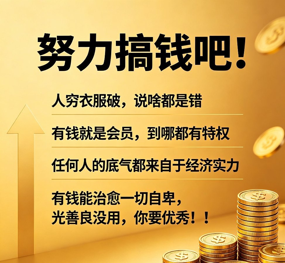 努力搞钱吧！人穷衣服破，说啥都是错，有钱就是会员，到哪都有特权，任何人的底气都来