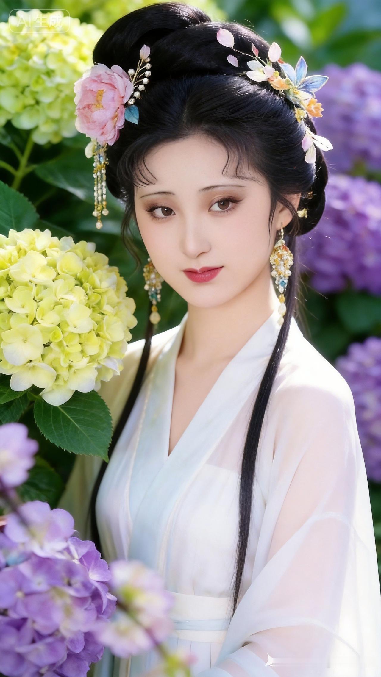 仙气飘飘的汉服美人，花丛中的优雅与美丽
