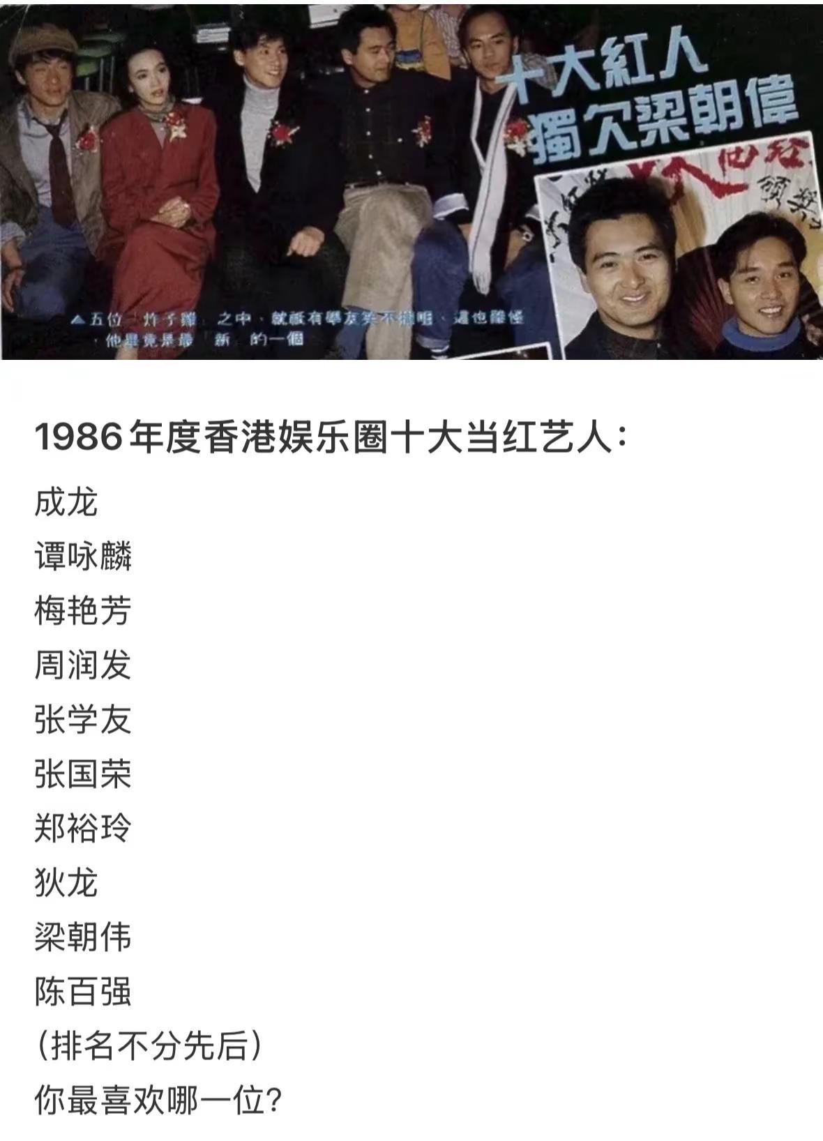1986年香港演艺界十大演艺红人：你最喜欢哪一位？