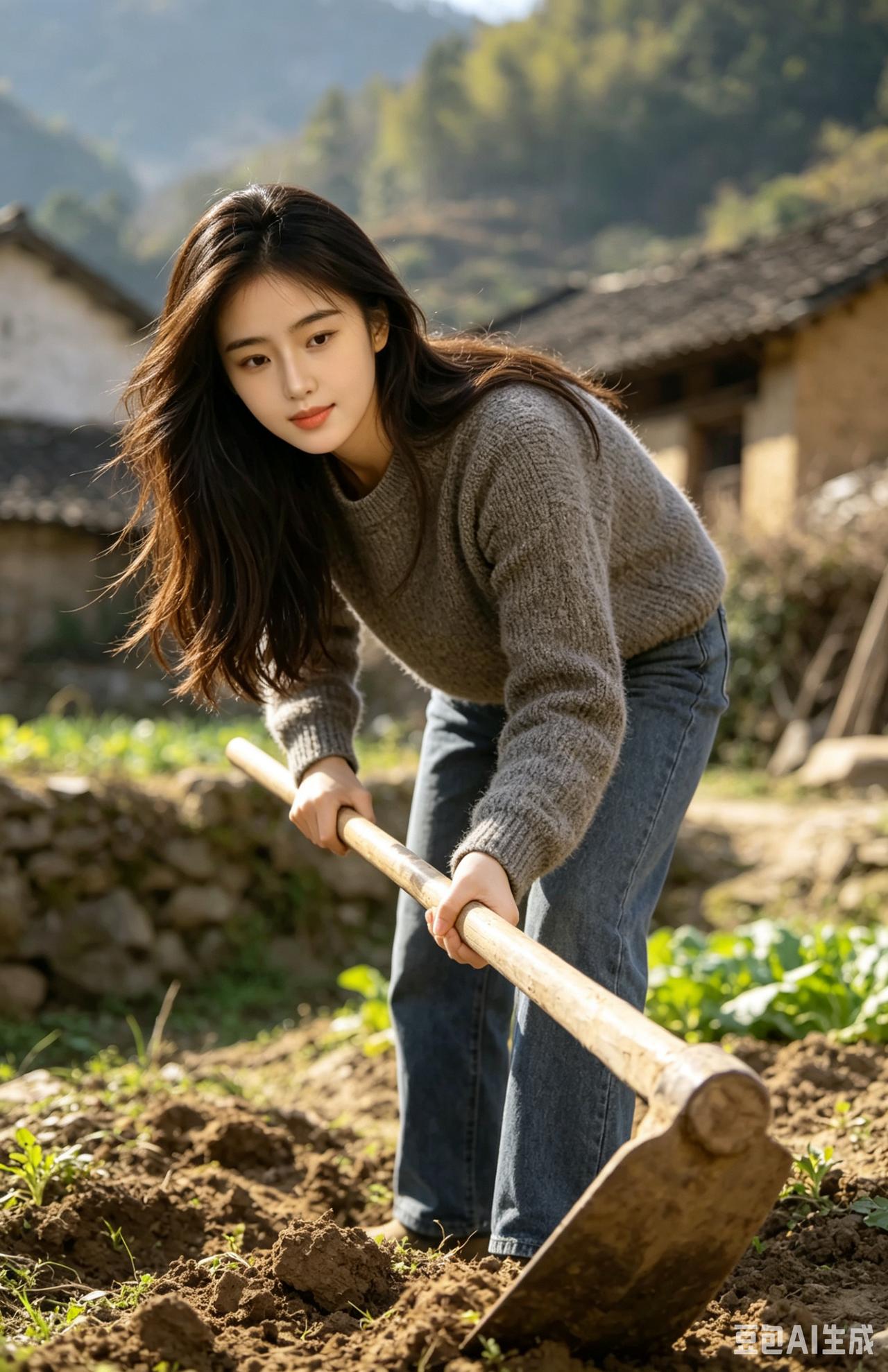 山乡倩影
 
青丝漫卷入山隈，
素手躬耕趁晓晖。
莫道娇颜难吃苦，
一身烟火胜芳