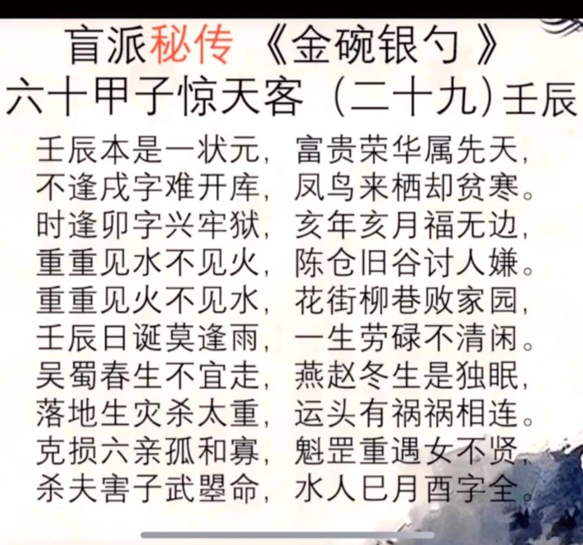 盲派秘传《金碗银勺》六十甲子惊天客（二十九）壬辰壬辰本是一状元，富贵荣华属先天，