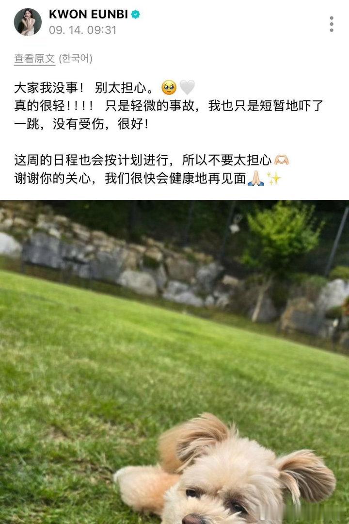14日，权恩妃车祸后发文称仅是轻微事故，自己没受伤，本周后续行程将按计划进行。此