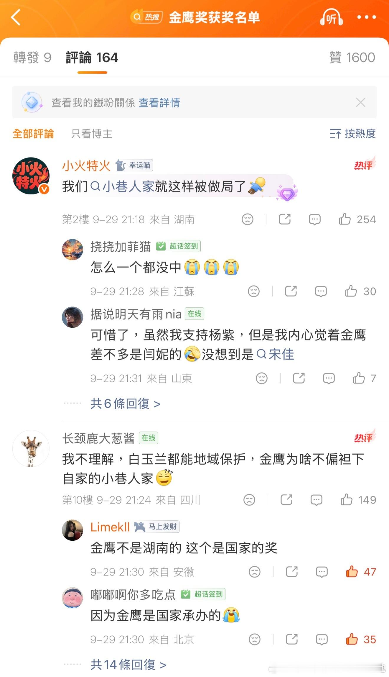 金鹰奖舆情：网友：«小巷人家»白在湖南台芒果TV播出了。 ​​​