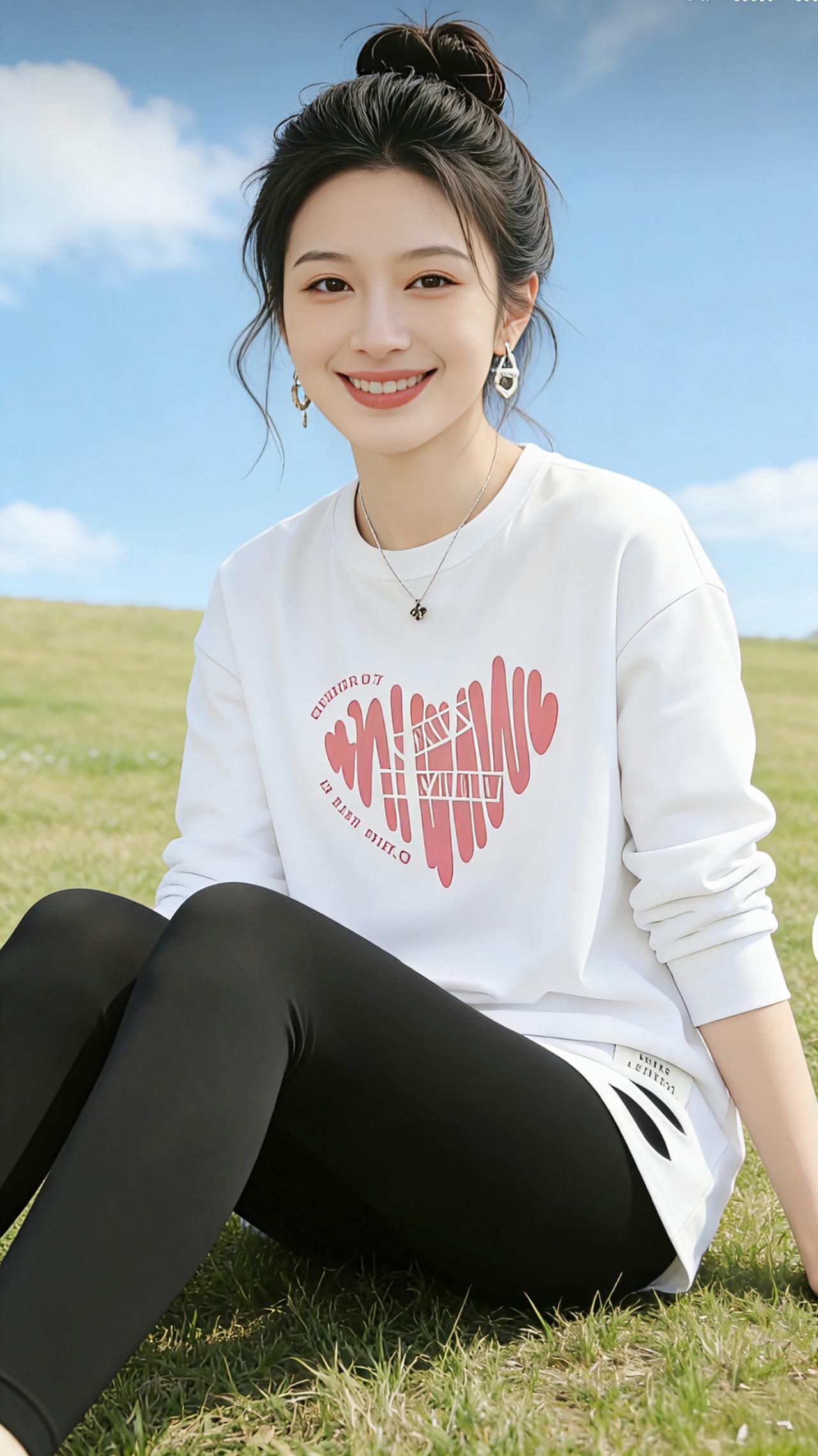 风掠过草坪时，带着青草与阳光的气息，把衣角轻轻掀起。
 
她坐在草色里，丸子头的