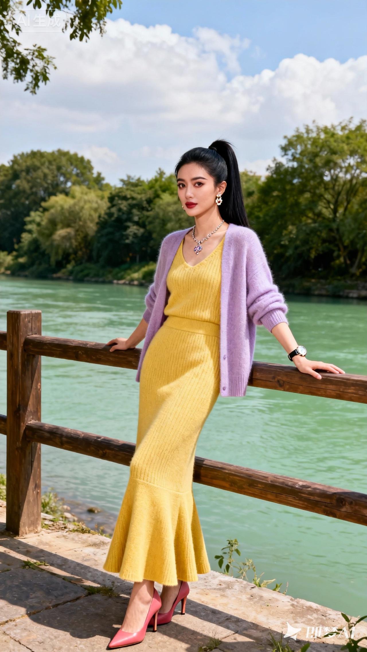 夏日穿搭指南🌞 黄色连衣裙+紫色开衫，搭配红色高跟鞋，清新又时尚！