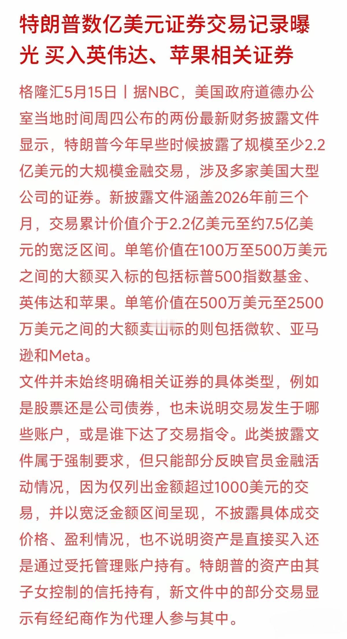 特朗普数亿美元的证券资产被曝光，文件的曝光程度估计有2.2亿美元的金融交易记录，