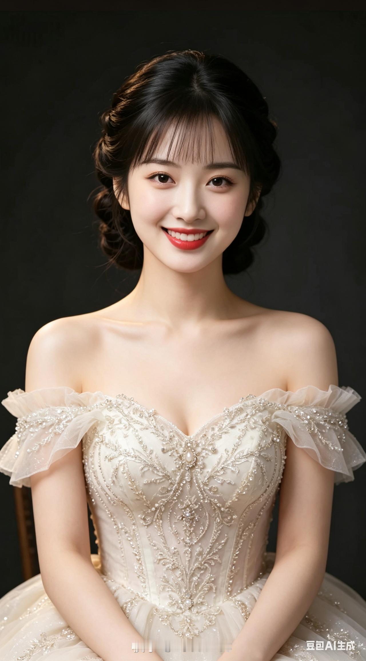 东亚女性，黑色卷发盘成复古赫本发型，淡雅赫本风淡妆，卷翘睫毛灵动精致。身着精致礼