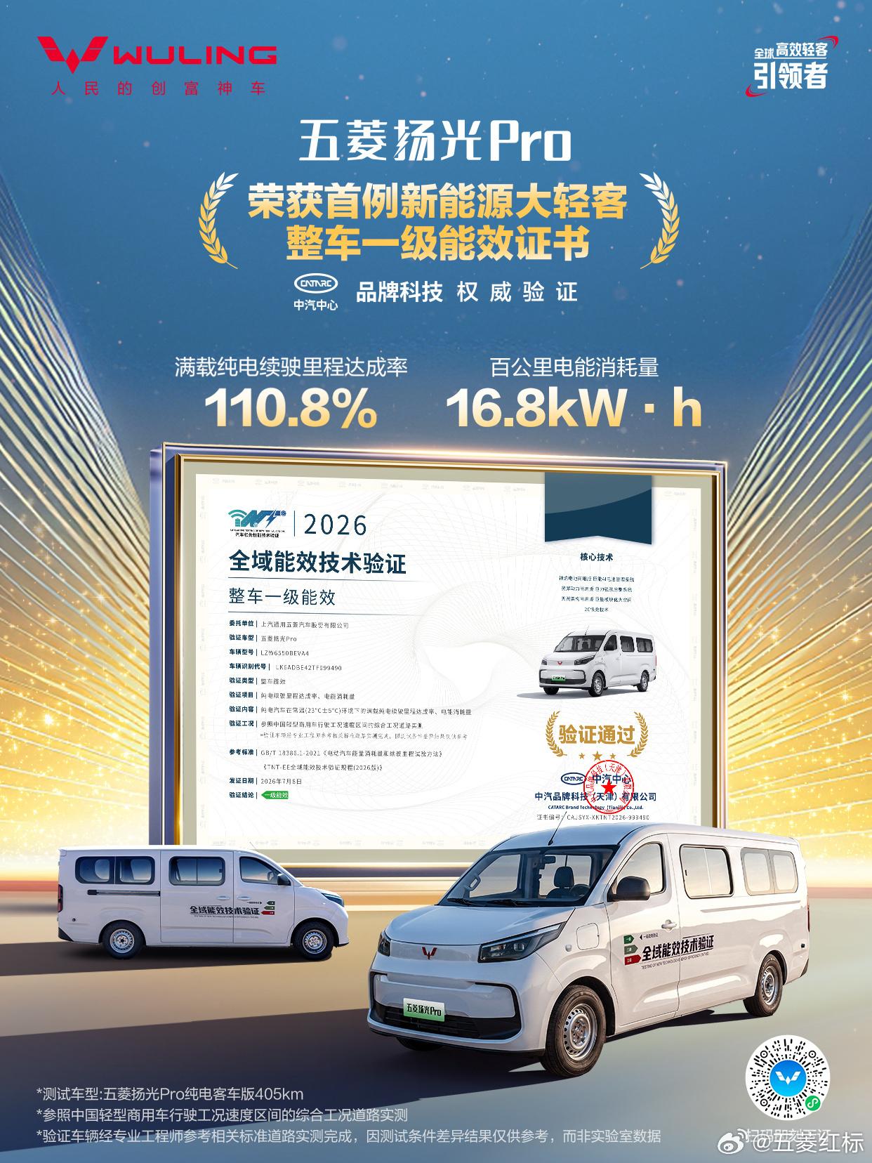 上汽通用五菱扬光Pro满载纯电续航达成率高达110.8%，荣获首例新能源大轻客一