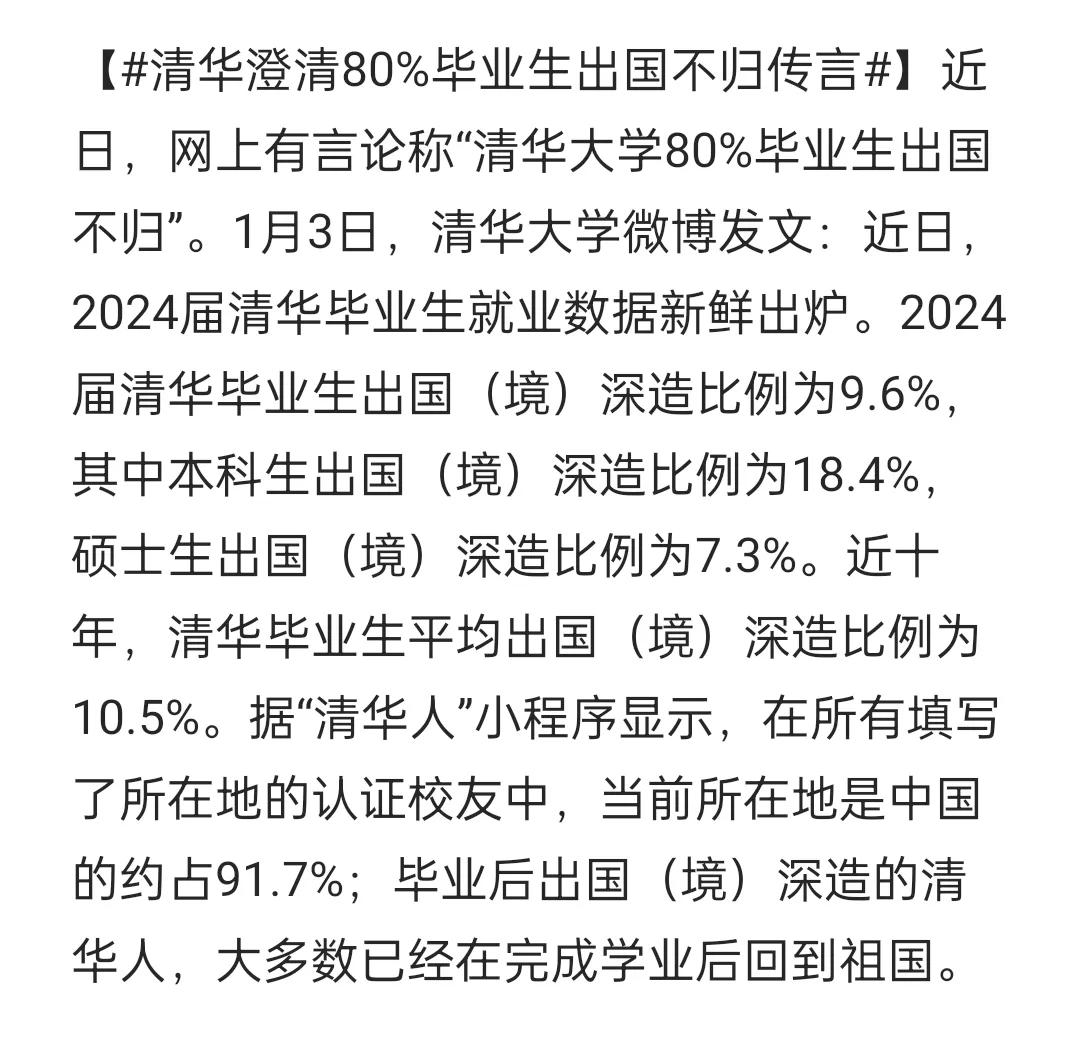 清华大学澄清80%毕业生出国后不回国的传言，实际上六成以上已回国。资料来源：第一