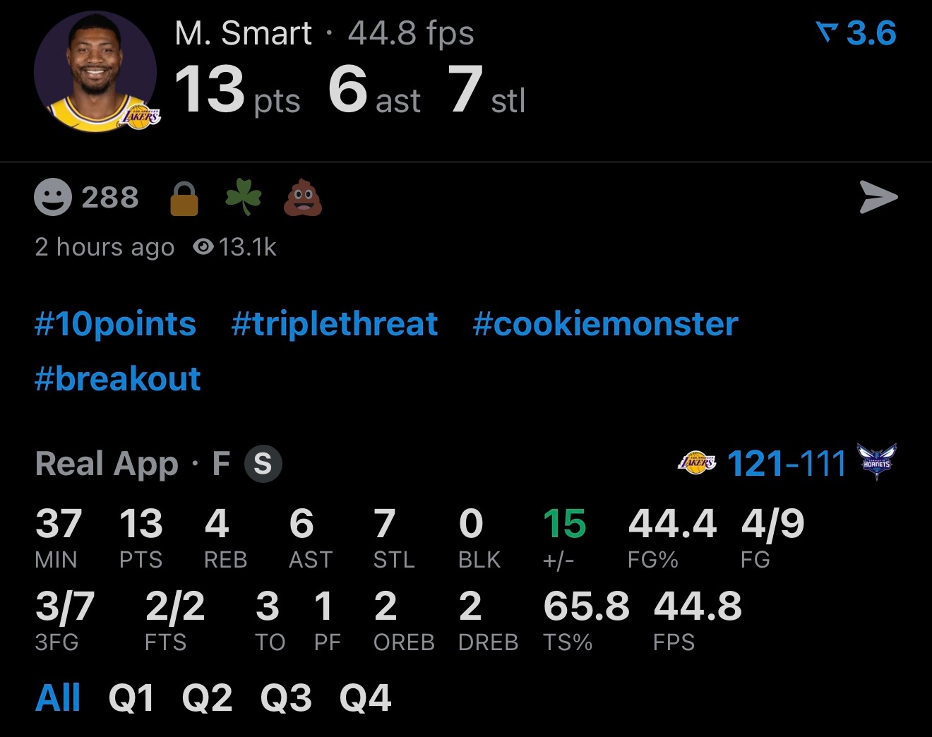 如何评价？今天的斯玛特：9投4中 三分球7中3 罚球2中213分4篮板6助攻7抢
