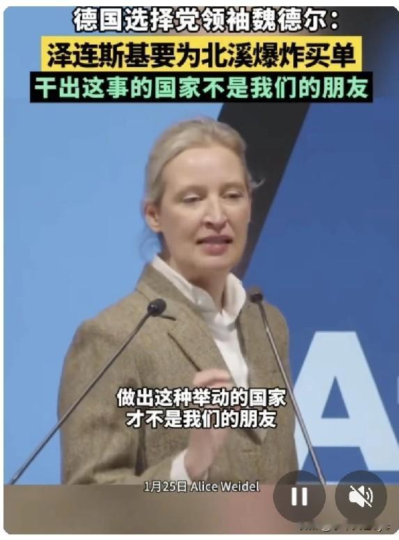 1月26日，德国选择党领袖爱丽丝·魏德尔称，“我可以明确告诉大家，待我们执掌政权