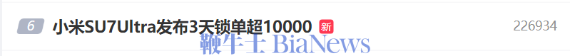 雷军：小米SU7 Ultra发布3天锁单超1万