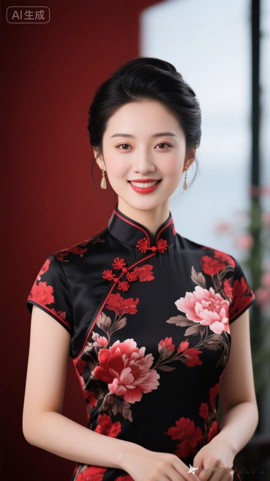 这位女士穿着漂亮的旗袍，笑容甜美。