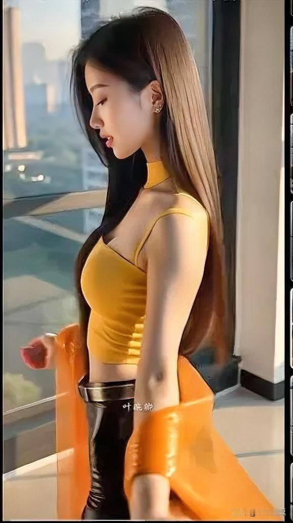 一个穿黄色衣服的女孩站在窗边。御姐感美女