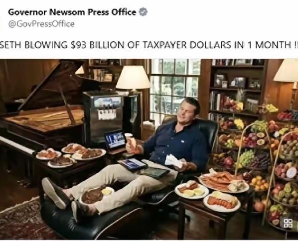 加州州长纽森直接在社交媒体放了张图，画面里国防部长赫格塞思躺在躺椅上，身边全是龙