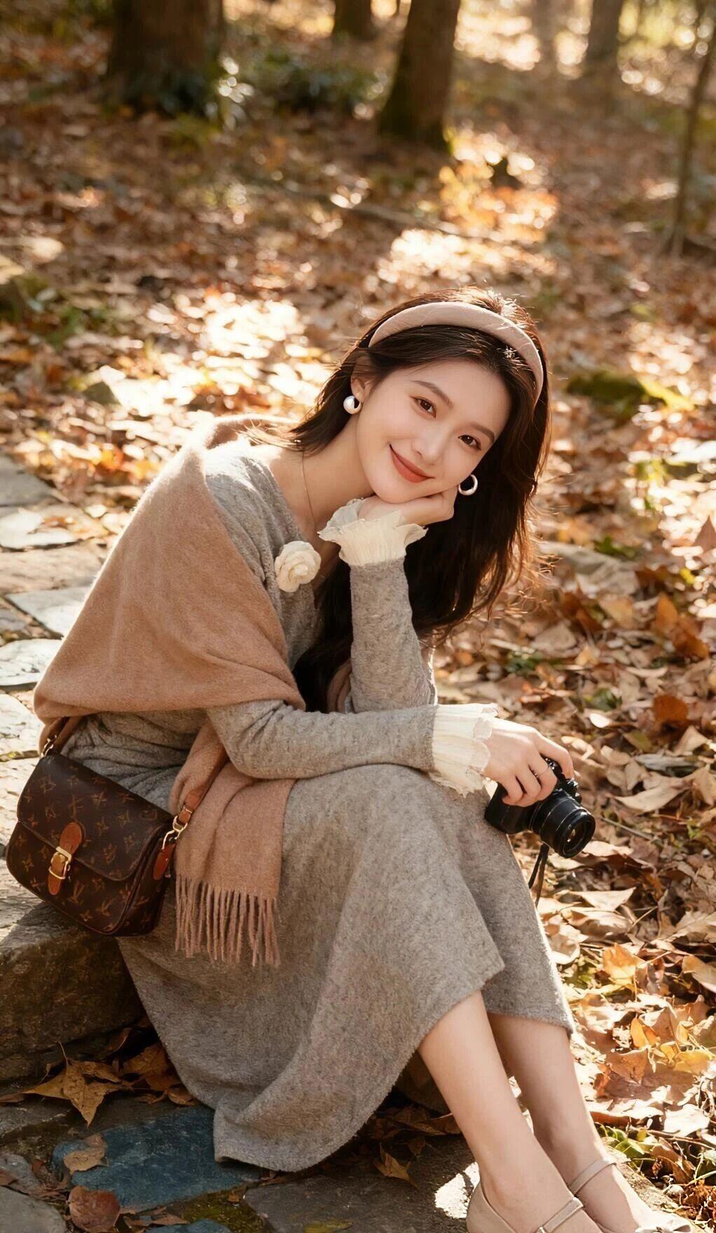 《秋叶私语》
石阶上的女子像片被遗忘的书签，灰裙摆铺开成摊开的信笺。金黄的银杏叶